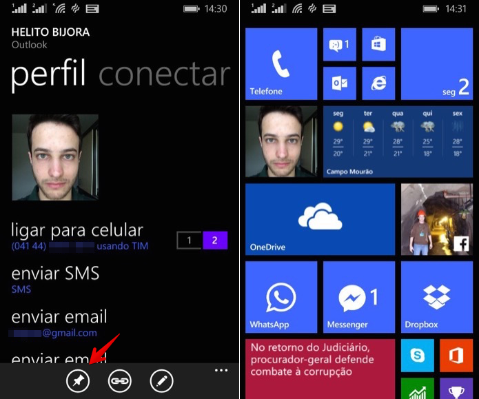Fixando contato na tela inicial do Windows Phone (Foto: Reprodução/Helito Bijora) 