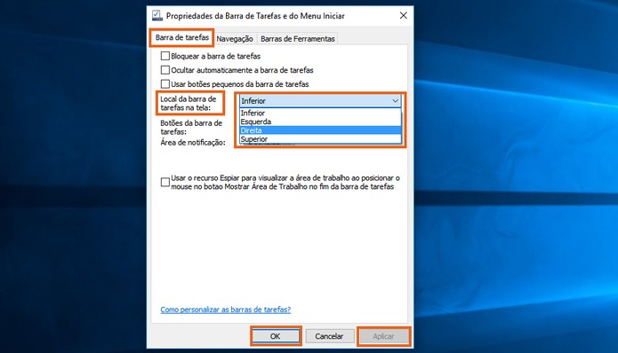 Altere o posicionamento da barra de tarefas no Windows 10 (Foto: Reprodução/Barbara Mannara)