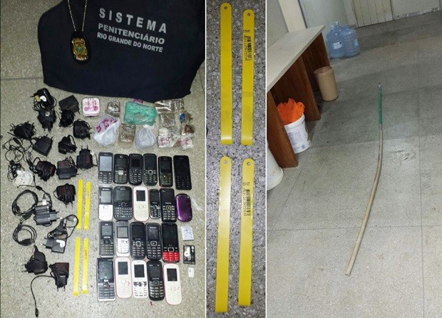 Vinte e dois aparelhos celulares, vários carregadores, 350 gramas de drogas e quatro serras foram apreendidos pelos agentes (Foto: Divulgação/Sejuc)