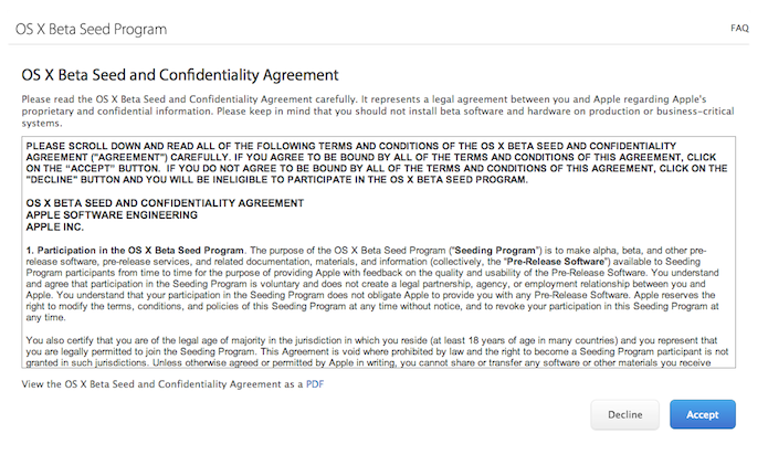 Acordo de confidencialidade proposto pela Apple para download de versões beta do OS X (Foto: Reprodução/Marvin Costa)