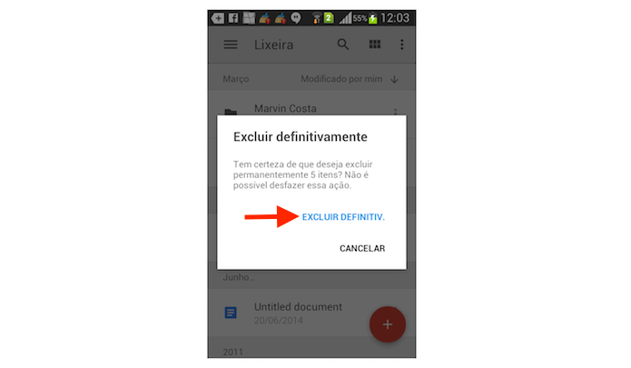 Limpando a lixeira do Google Drive para Android para recuperar espaço no armazenamento na nuvem do serviço (Foto: Reprodução/Marvin Costa)