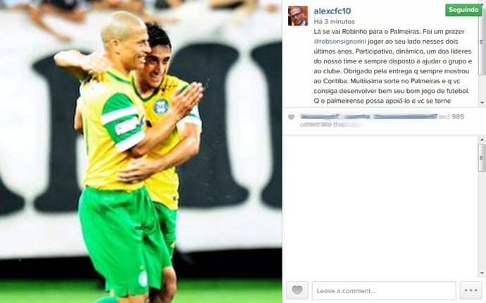 Ídolo do Palmeiras e do Coritiba, Alex deseja sorte a Robinho em novo clube