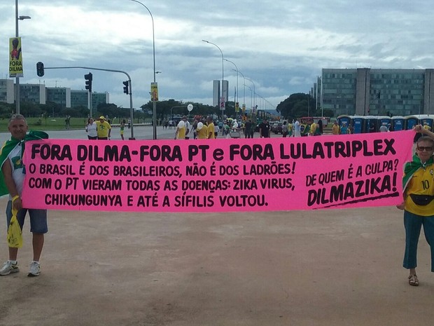 A empresária Clarisse Lessa, de 75 anos, carrega faixa com frases contra Dilma, Lula e o PT (Foto: Mateus Rodrigues/G1)