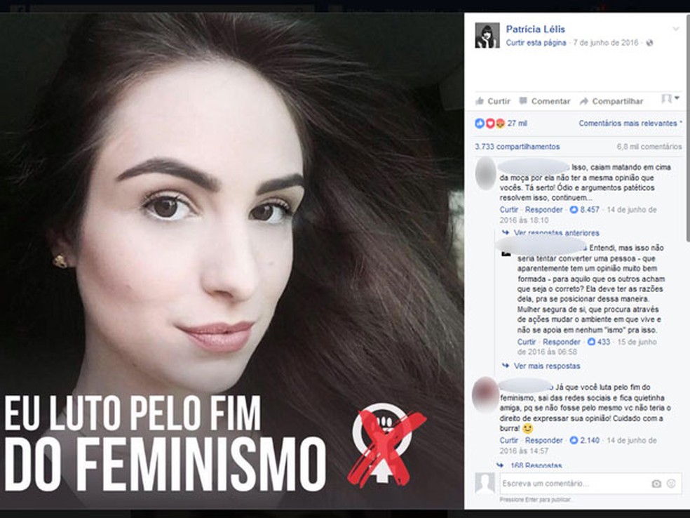 No mesmo site supostamente pertencente a Patrícia, ela aparece defendendo o fim do feminismo (Foto: Reprodução/Facebook)