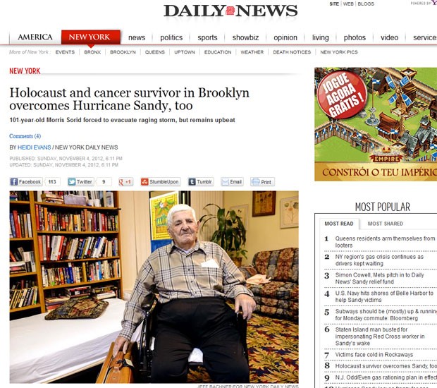Aos 101 anos, Morris Sorid sobreviveu ao Holocausto, a um câncer colorretal e, agora, à destruição da supertempestade Sandy (Foto: Reprodução/New York Daily News)