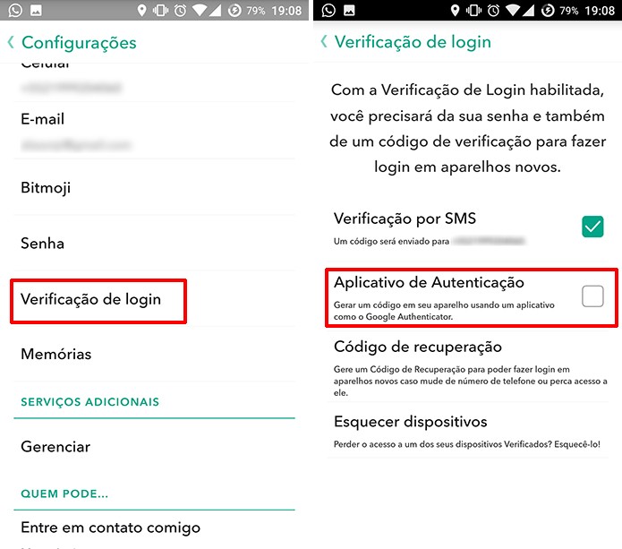 Ative verificação em duas etapas por aplicativo para aumentar a segurança no Snapchat (Foto: Reprodução/Elson de Souza)