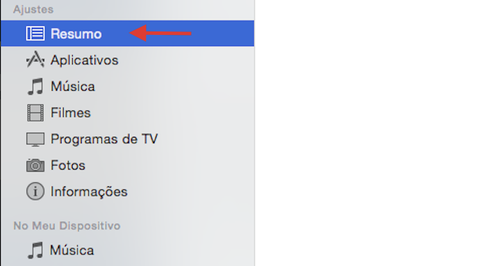 Acessando a aba resumo das configurações do iPhone no iTunes (Foto: Reprodução/Marvin Costa)