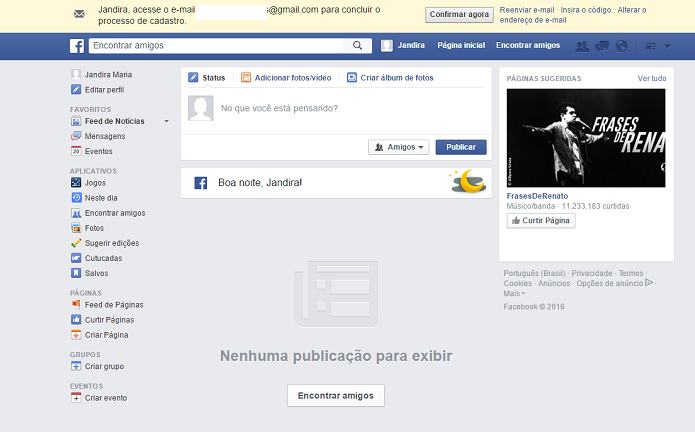 É necessário confirmar cadastro por e-mail assim que se cria uma conta no Facebook(Foto: Reprodução/Aline Jesus)