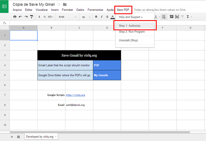 Autorize o script a salvar seus e-mails em PDF no Google Drive (Foto: Reprodução/Elson de Souza)