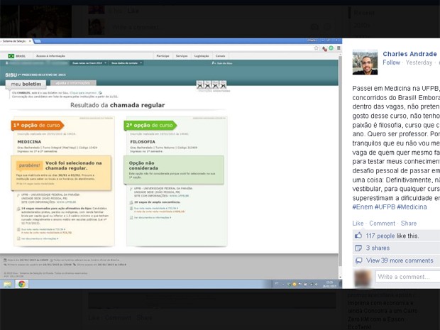 Nas redes sociais, amigos de Charles ficam surpresos quando descobrem que ele não vai fazer o curso (Foto: Reprodução/Facebook)
