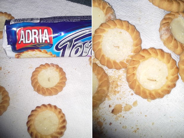 Larvas vivas foram encontradas por grávida em biscoito sabor beijinho da marca Adria (Foto: Divulgação/Gabriela Silva)