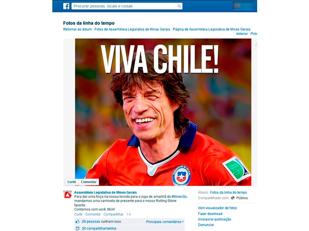 Assembleia de Minas posta foto de Mick Jagger com blusa do Chile "para dar uma força" para a seleção brasileira (Foto: Reprodução/Facebook) Assembleia de Minas posta foto de Mick Jagger com blusa do Chile "para dar uma força" para a seleção brasileira (Foto: Reprodução/Facebook)