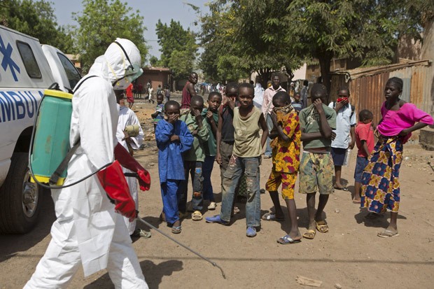  Crianças observam agente desinfetando local em Bamako, no Mali, dia 14 de novembro (Foto: Reuters/Joe Penney)