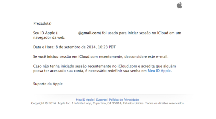 Mensagem de suporte da Apple para alertas no iCloud (Foto: Reprodução/Apple) Mensagem de suporte da Apple para alertas no iCloud (Foto: Reprodução/Apple)