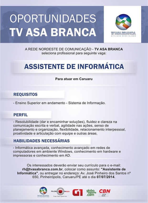 TV Asa Branca abre vaga para assistente de informática (Foto: Divulgação/ TV Asa Branca)