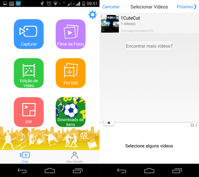 Tela inicial e de seleção de arquivos do VivaVideo (Foto: Reprodução/ Marcela Vaz)