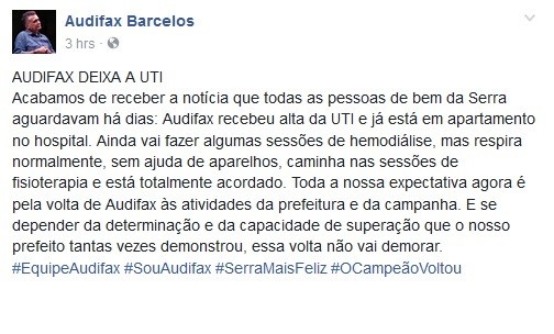 G Audifax Tem Alta Da Uti E Anuncia In Cio De Campanha Para O Dia