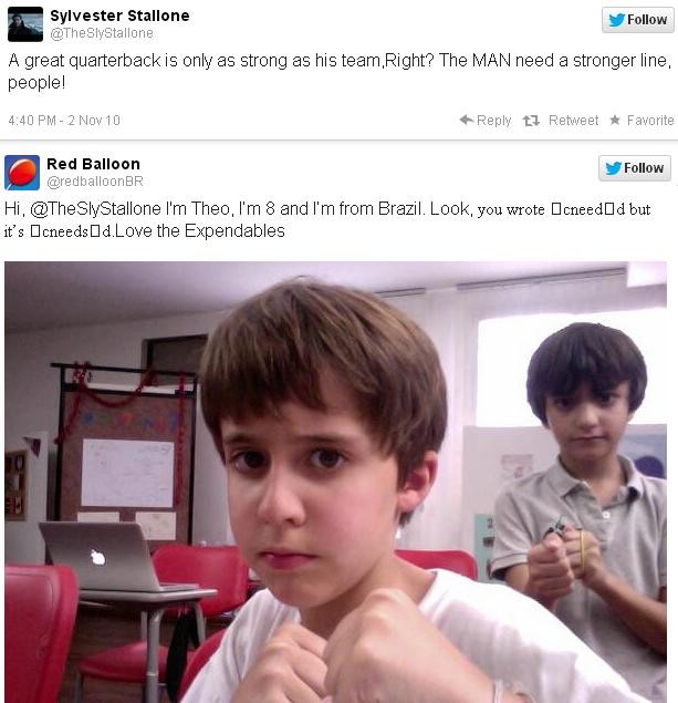 Mensagem para Sylvester Stanole: "Eu sou Theo, tenho 8 anos e sou do Brasil. Veja, você escreveu 'need', mas é 'needs'".  (Foto: Reprodução Internet/Twitter Red Baloon)