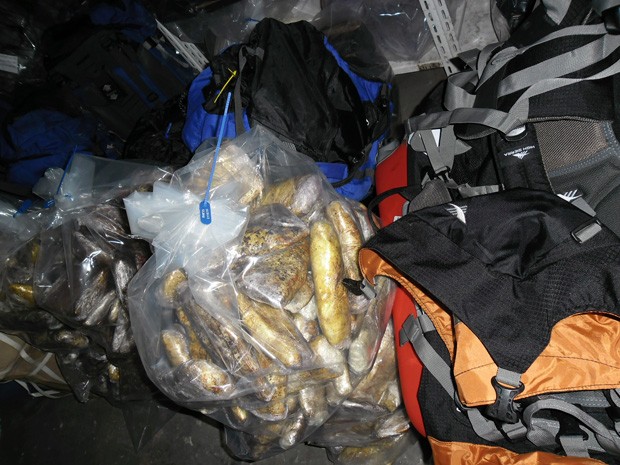 Drogas estavam dentro de malas, bolsas e sacos na cabine do tripulante (Foto: Divulgação/Policia Federal)