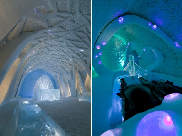 Montagem com fotos do Ice Hotel, na Suécia (Foto: Armstrong Ruane e Undli Eriksen/Photobigben )