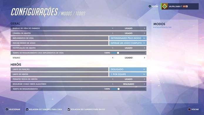 Ajuste as regras da sua partida de Overwatch (Foto: Reprodução/Murilo Molina)