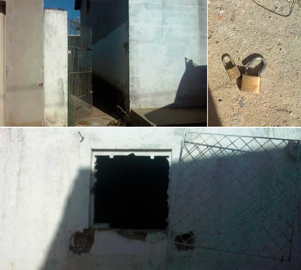 Segundo a PM, primeiro os ladrões arrombaram o portão dos fundos da agência. Depois, uma pequena janela da cozinha (Foto: Renilson Frutuoso/Nosonliner.com)
