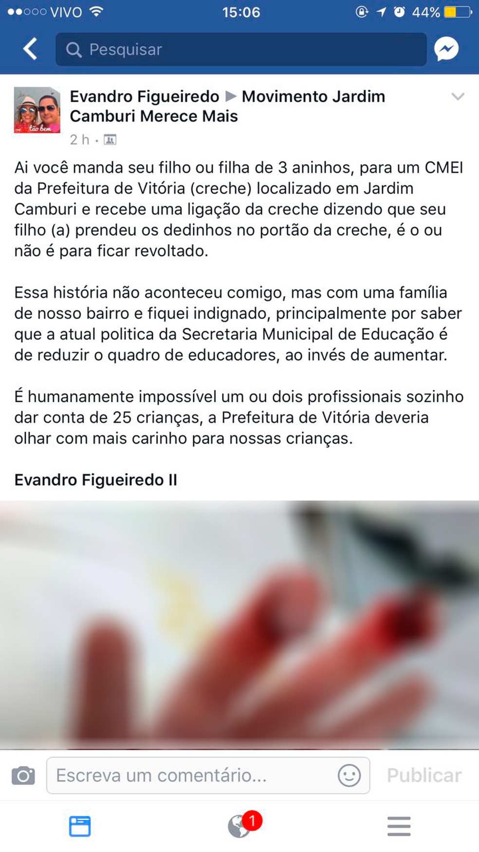 Post de Evandro sobre o acidente (Foto: Reprodução/ Facebook)