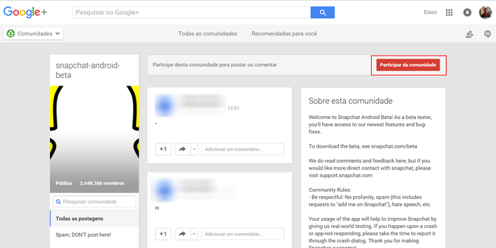 Snapchat Beta pode ser baixado após usuário entrar na comunidade do Google+ (Foto: Reprodução/Elson de Souza) (Foto: Snapchat Beta pode ser baixado após usuário entrar na comunidade do Google+ (Foto: Reprodução/Elson de Souza))