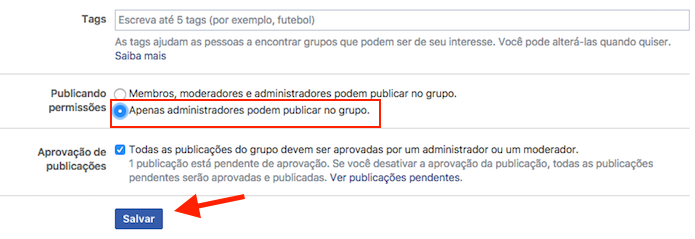 Opção para que um grupo receba publicações apenas de administradores no Facebook (Foto: Reprodução/Marvin Costa)