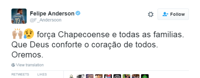 felipe anderson lamenta acidente da chapecoense (Foto: Reprodução Twitter)