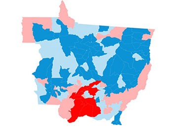 Mapa da eleição em Mato Grosso mostra Aécio Neves (azul) com 101 dos 141 municípios (Foto: Arte/G1)