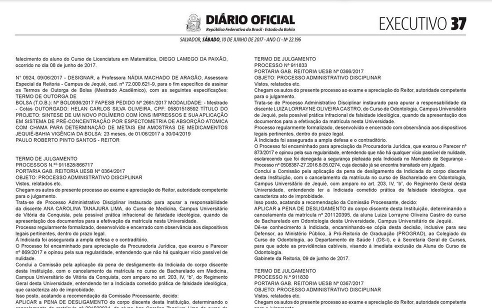 Expulsões de alunos foram publicadas no Diário Oficial do Estado (Foto: Reprodução)