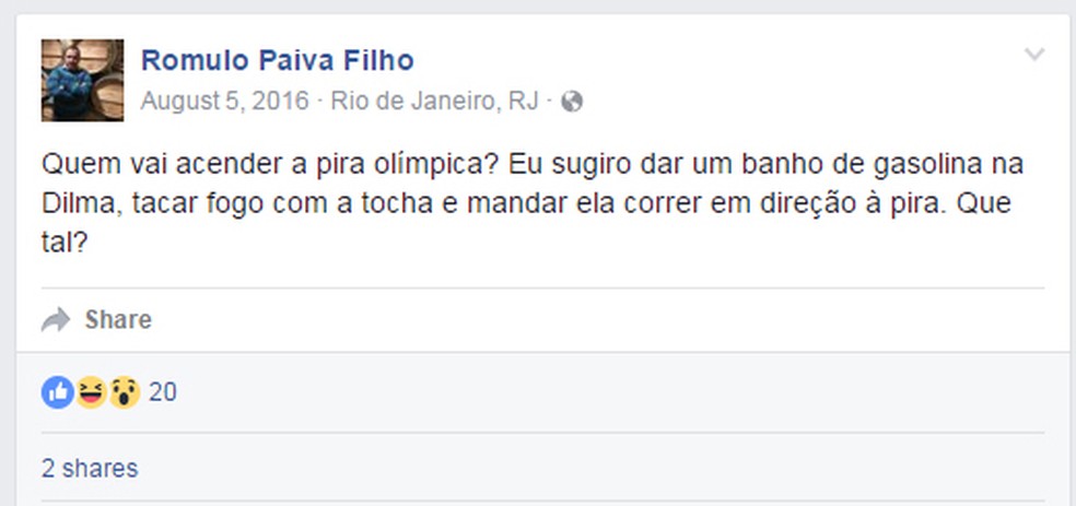 Em uma rede social, procurador do Ministério Público de Minas Gerais sugere dar um banho de gasolina em Dilma Rousseff e tacar fogo. (Foto: Facebook/Reprodução)