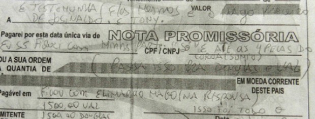 Nota Promissória continha bilhete com ordem de assassinato (Foto: Reprodução/DRF Campina Grande)