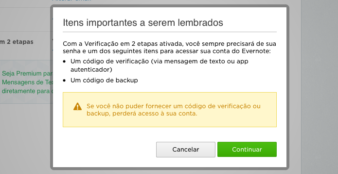 Para acessar o Evernote, será necessário digitar o código gerado pelo celular ou um código de backup (Foto: Reprodução/Helito Bijora)