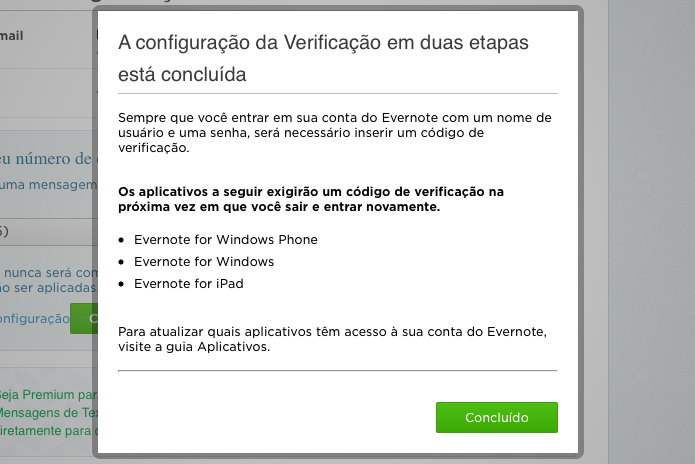 Finalizando configuração da verificação em duas etapas (Foto: Reprodução/Helito Bijora)