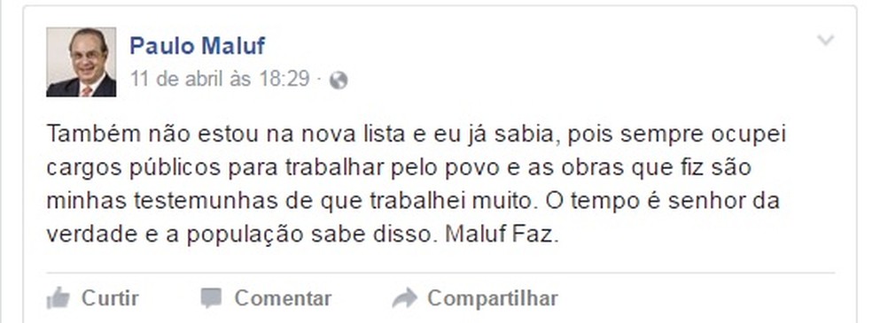 Paulo Maluf fala no Facebook sobre lista de Fachin (Foto: Reprodução/ Facebook)
