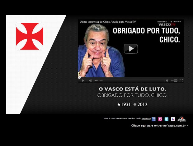 site oficial do vasco da gama homenagem chico anysio (Foto: Reprodução Site Oficial do Vasco da Gama)