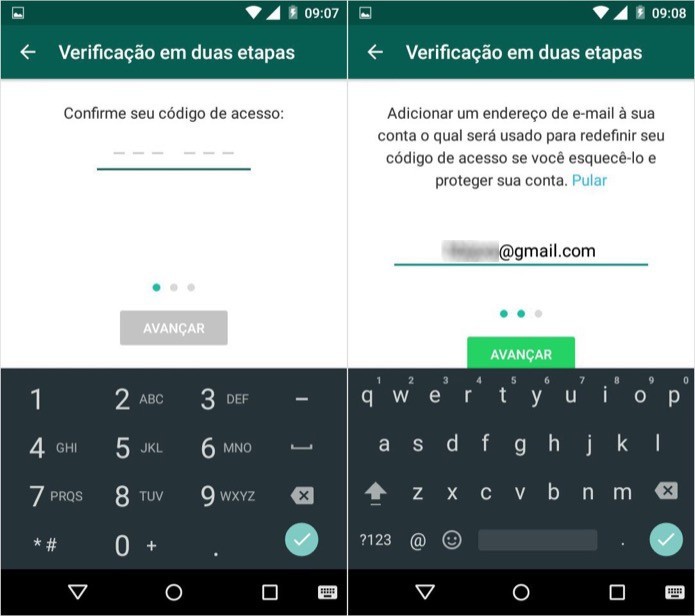 Confirme o PIN e digite seu e-mail no WhatsApp para Android (Foto: Reprodução/Helito Bijora)