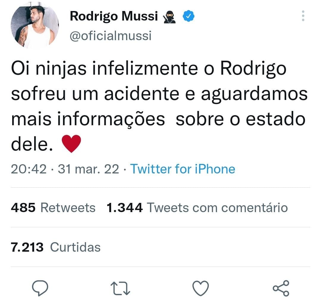 Ex-BBB Rodrigo Mussi sofre acidente de carro (Foto: Reprodução/Twitter)