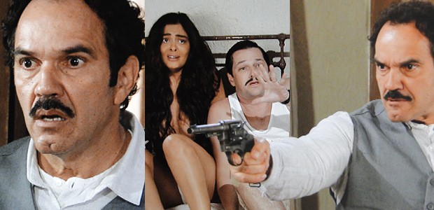 Nacib flagra Gabriela e Tonico nus em sua própria cama. Ele aponta a arma para o casal... (Foto: Gabriela / TV Globo)
