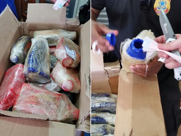 Os 24 quilos de pasta base de cocaína estavam armazenados nos fracos (Foto: Receita Federal em Santarém/Divulgação)
