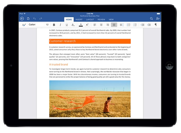 Acesso a arquivos, leiura e apresentação serão grátis no Office para iPad. Edição e criação de arquivos serão pagos por meio de assinatura do Office 365 (Foto: Divulgação/Microsoft)