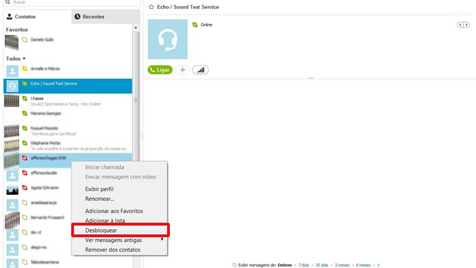 O desbloqueio poderá ser feito clicando com o botão direito do mouse sobre o contato e selecionando a alternativa em destaque (Foto: Reprodução/Daniel Ribeiro)