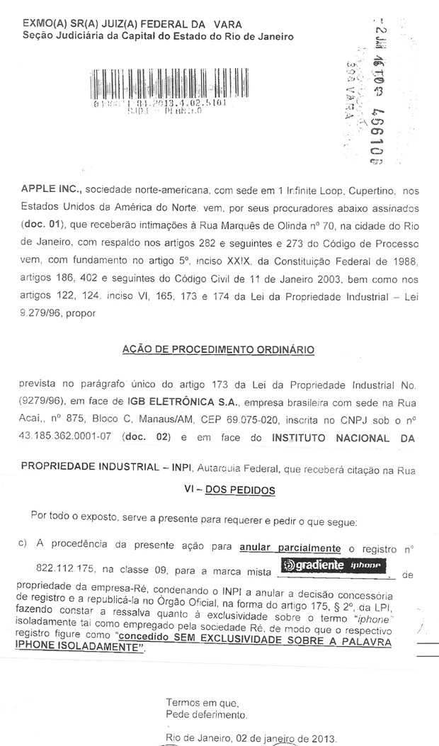 Trecho da ação proposta pela Apple contra a Gradiente e o Instituto Nacional de Propriedade Industrial (Foto: Reprodução)