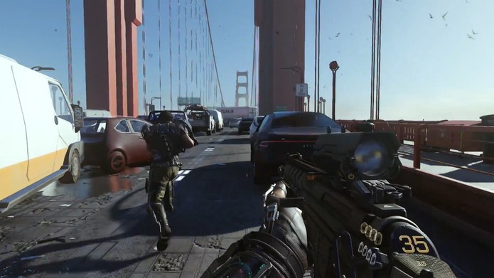 CoD Advanced Warfare: combate mostra tiroteio, drones e destruição de ponte (Foto: Reprodução/ Youtube)