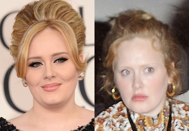 Adele com e sem maquiagem (Foto: Getty Images e Grosby Group)