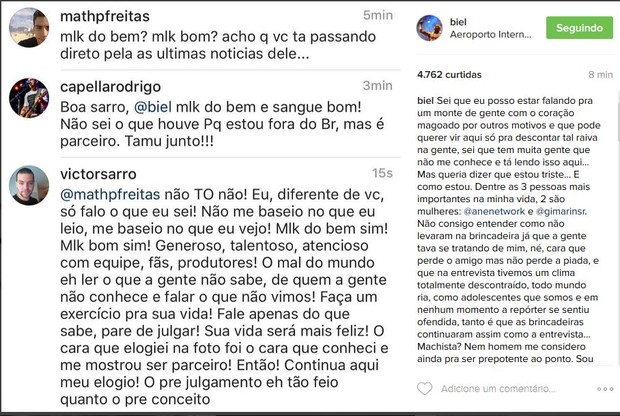 Biel comenta acusação de assédio a repórter (Foto: reprodução/instagram) Biel comenta acusação de assédio a repórter (Foto: reprodução/instagram)