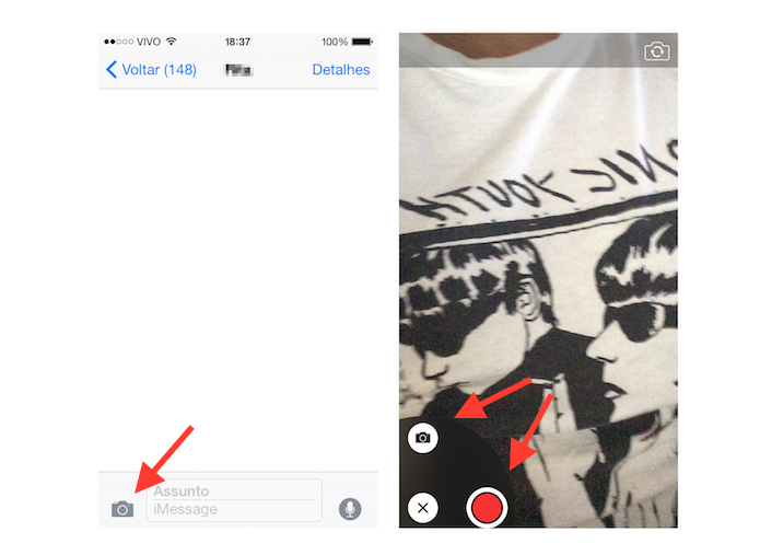 Enviando uma selfie ou vídeo no iMessage do iOS 8 (Foto: Reprodução/Marvin Costa)