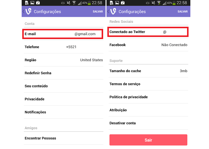 É possível mudar o e-mail e a conta do Twitter (Foto: Reprodução/Aline Jesus)